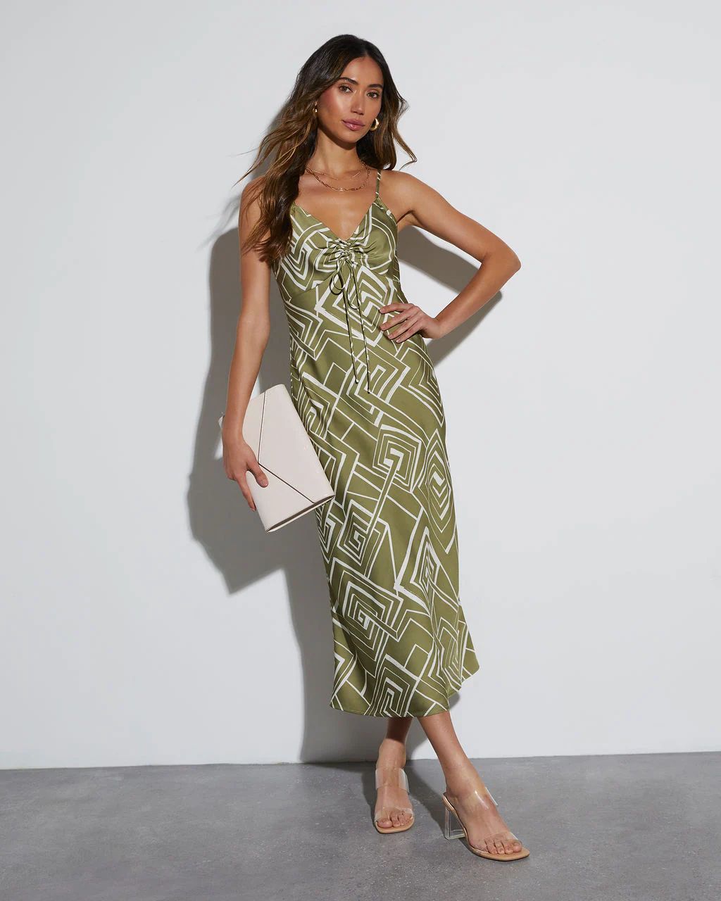 Chloe Geo Print Satin Slip Midi Dress | VICI Collection