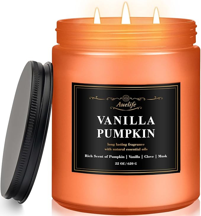 Auelife Fall Candle, Vanilla Pumpkin Scented Candles – 22oz Large 3-Wick Soy Candle, Long Lasti... | Amazon (US)