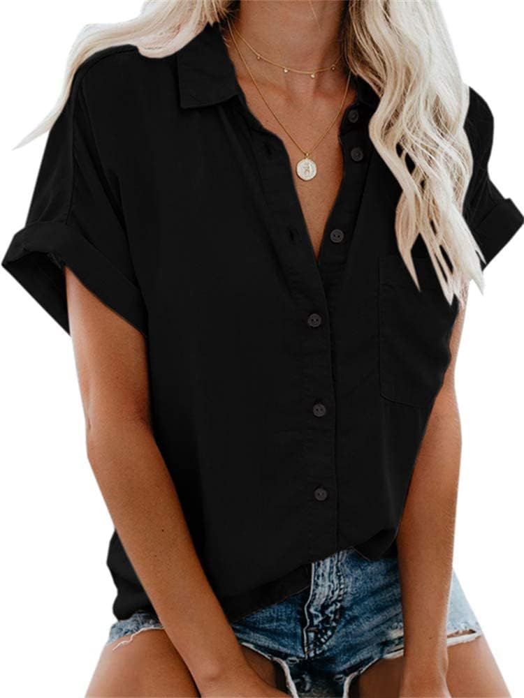 Womens Casual Short Sleeve Button Down Shirts Summer Cotton Plain Top Blouses with Pockets | Amazon (US)
