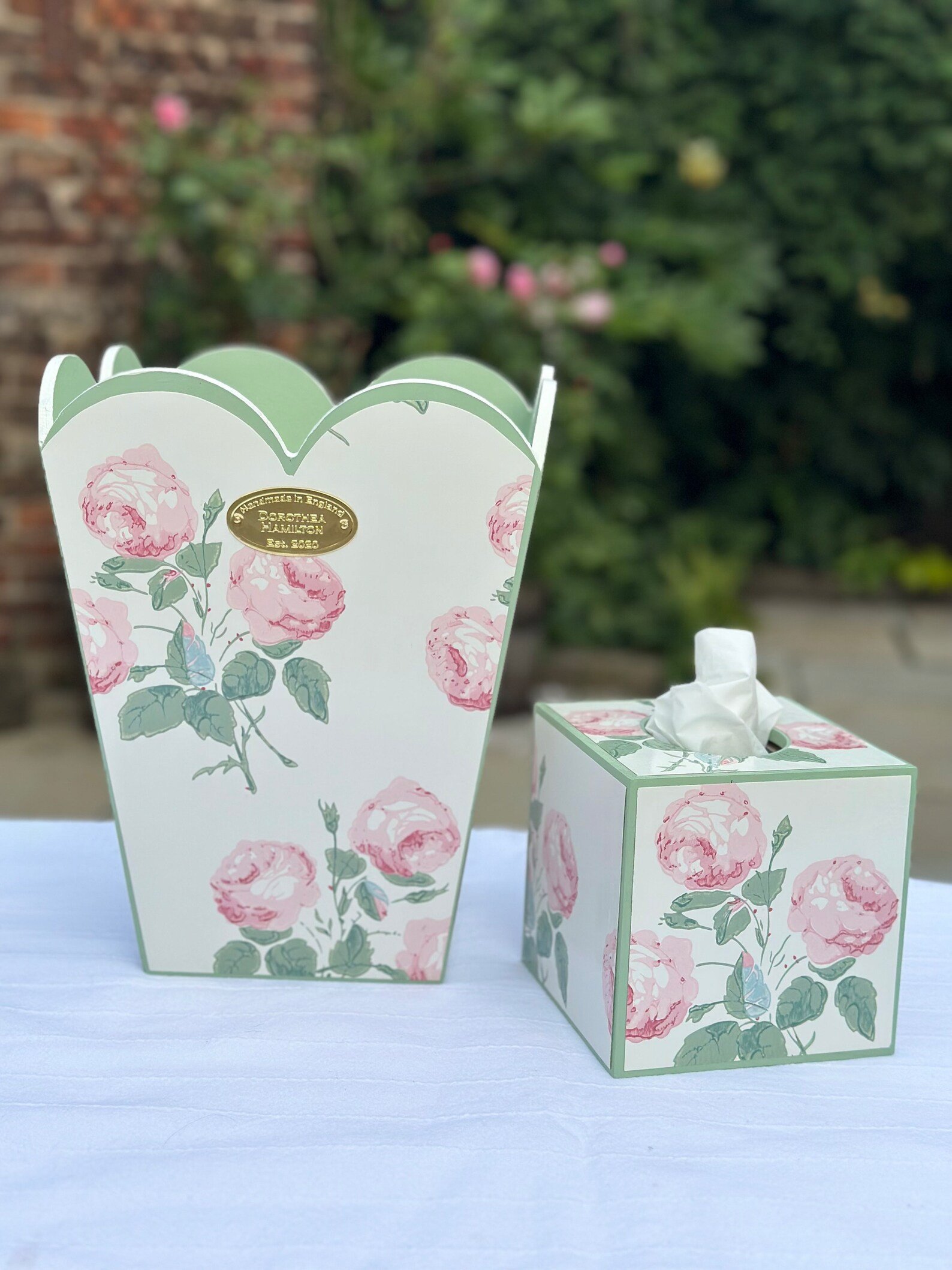 Bowood Roses Pink Leaf Scalloped Bin. Handpainted. Shabby Chic Wastepaper Basket. Guest Room Deco... | Etsy (US)