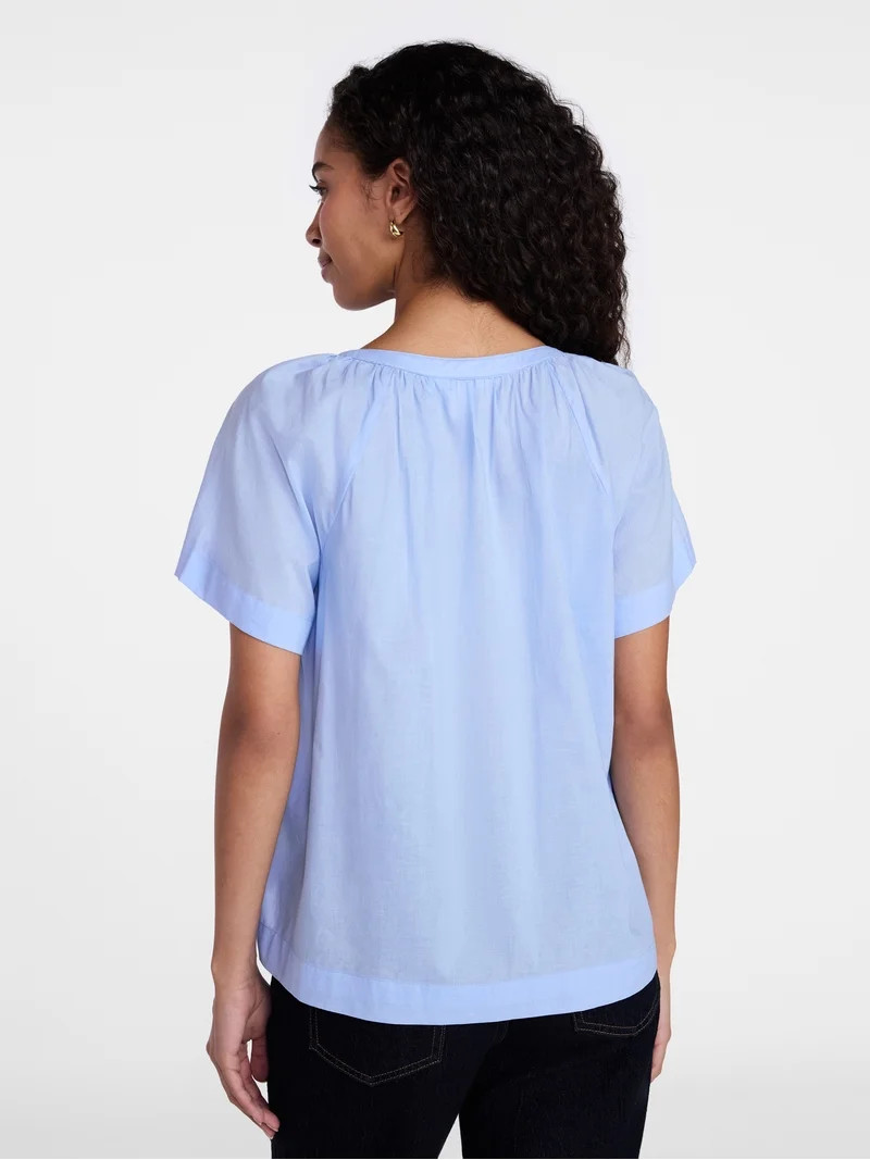 Time and Tru Women's Cotton Button Up Blouse with Short Sleeves, Sizes XS-XXXL | Walmart (US)