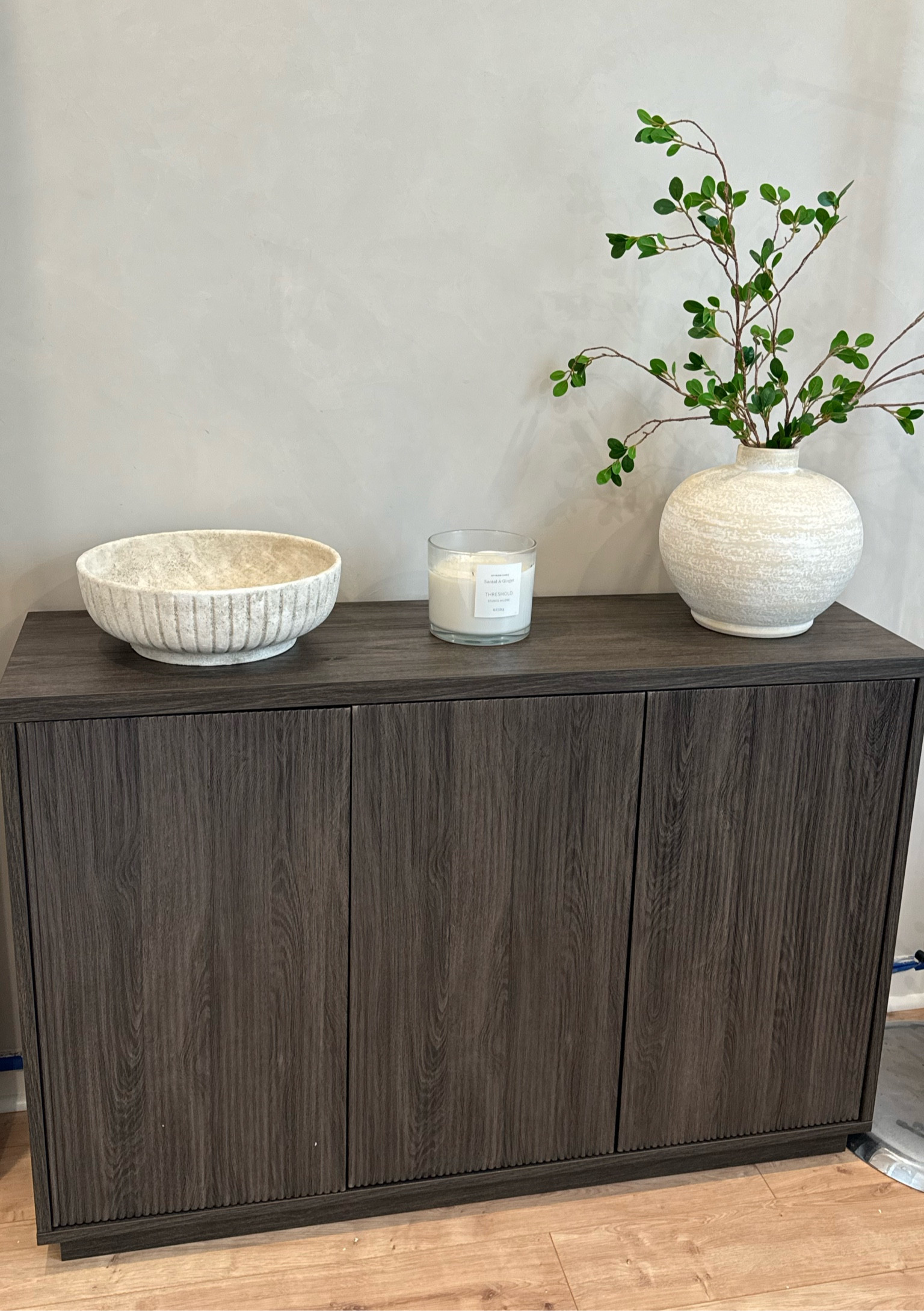 Neutral home decor styling in my office 🤍 cute for a living room as well. This console is so affordable and I love it so much!! The dark stained wood elevates the look and I love these lighter vases, bowls and candles on top to accent  