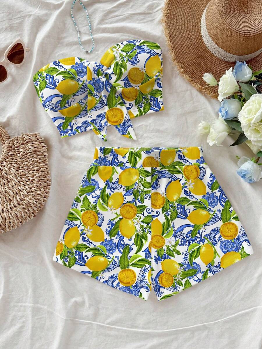 SHEIN WYWH Women's Retro Blue & White Floral & Lemon Print Crop Top And Shorts 2 Pieces Set, Casu... | SHEIN
