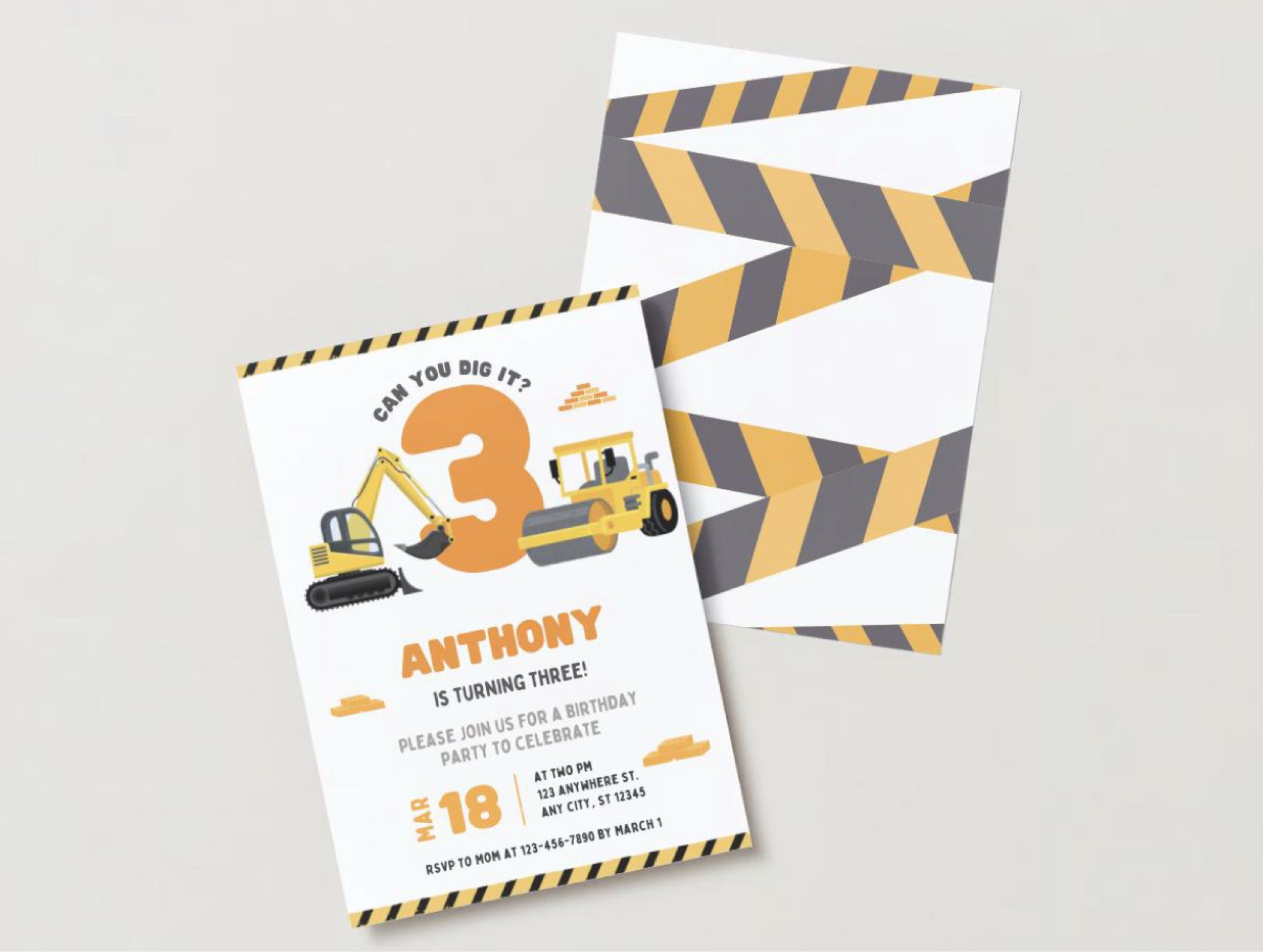 Construction themed birthday party invitation 🚧

This is a 5x7 printable and digital invite that is 100% editable with a free account in Canva.

FEEL FREE TO:
⭐ Tailor the invitation to your liking
⭐ Swap out the color or font scheme
⭐ Add/Delete items wording and lines
⭐ Upload and add your own photos
⭐ And more!

PLEASE NOTE:
⭐ This product is 100% editable
⭐ Can be edited using a FREE Canva account 
⭐ Highly recommended to edit your item on a computer versus on a mobile device, although you are able to edit on mobile

HOW & WHAT'S NEXT:
⭐ Complete your purchase
⭐ Check your Etsy registered email for the link to your editable invitation 
⭐ PDF File with a link to access your invite via Canva
⭐ PDF File of basic Canva editing guide

HOW TO PRINT:
⭐ Edit, save, and download your invite in Canva. I highly suggest PDF print for the best print results
⭐ Print at Canva, vendor of your choice, or in the comfort of your home
⭐ PRINT as 5x7 for best print quality/results
⭐ I recommend printing on heavyweight 80 lb cover stock (216gsm) for the best results

🚨 THIS IS A DIGITAL FILE. YOU WILL NOT RECEIVE ANY PRODUCT IN THE MAIL.

‼️ All designs and templates created by DesignsbyNCcreative are for personal use only. Please do not use any of our designs commercially, distribute or resell under any circumstances.

Construction, birthday theme, kids birthday, construction theme, construction themed birthday party invitation, construction birthday party, toddler birthday theme, toddler mom, millennial mom

#LTKFamily #LTKParties #LTKSaleAlert #LTKKids