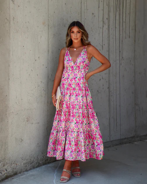 Solanah Double Strap Tiered Floral Maxi Dress - Pink/Multi - FINAL SALE | VICI