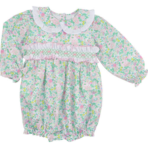 Green And Pink Floral Smocked Ruffle Bubble | Cecil and Lou