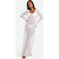 Womens Textured Lace Beach Maxi Cover-Up Dress - White - L | boohoo (US & Canada)