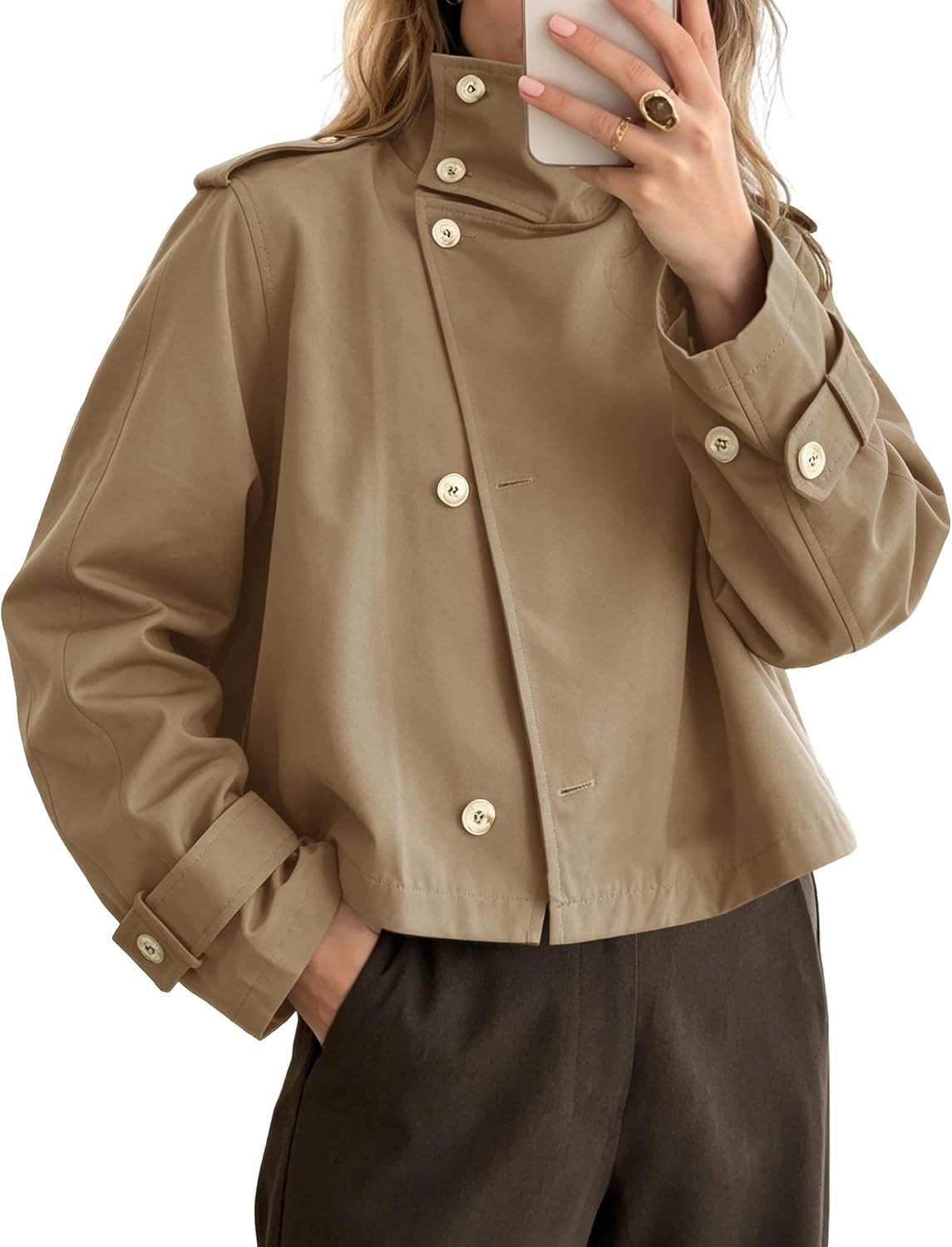 Women Cropped Trench Coats Fall Funnel High Neck Windbreaker Jackets | Amazon (US)