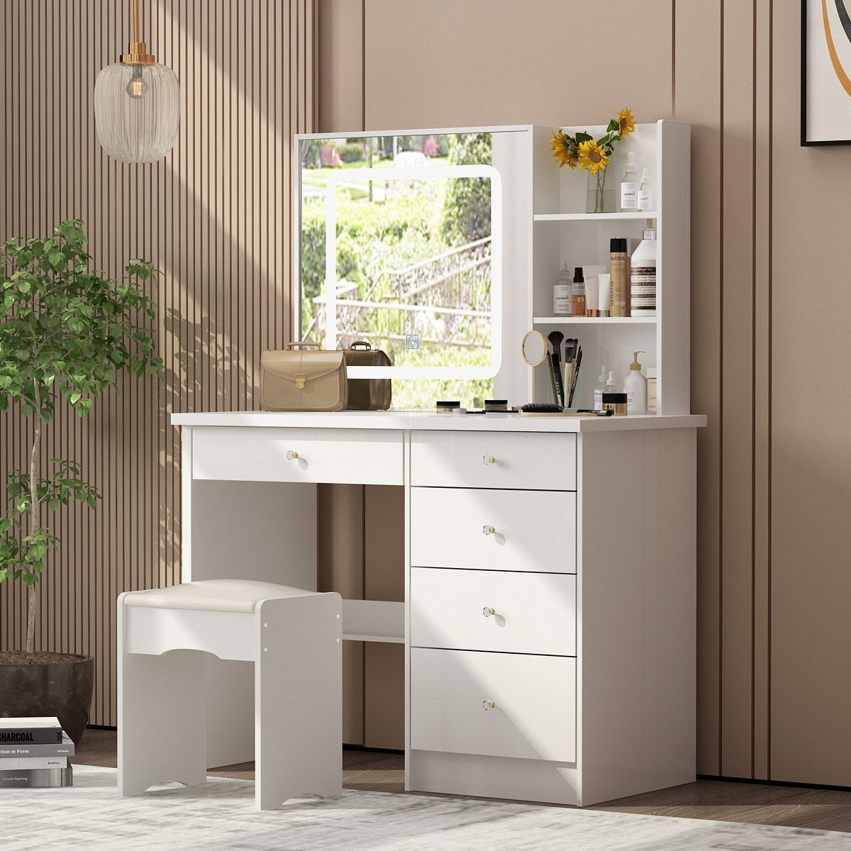 Famapy White Makeup Vanity Set with Stool and 3 Color Touching Mirror | Target