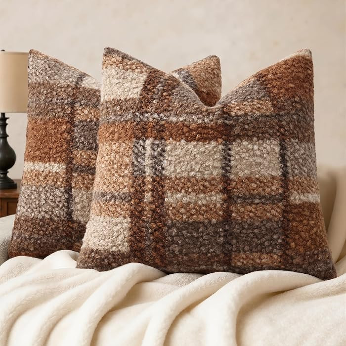 decorUhome Pack of 2 Boucle Plaid Check Faux Fur Fall Throw Pillow Covers 18x18 Inch, Decorative ... | Amazon (US)
