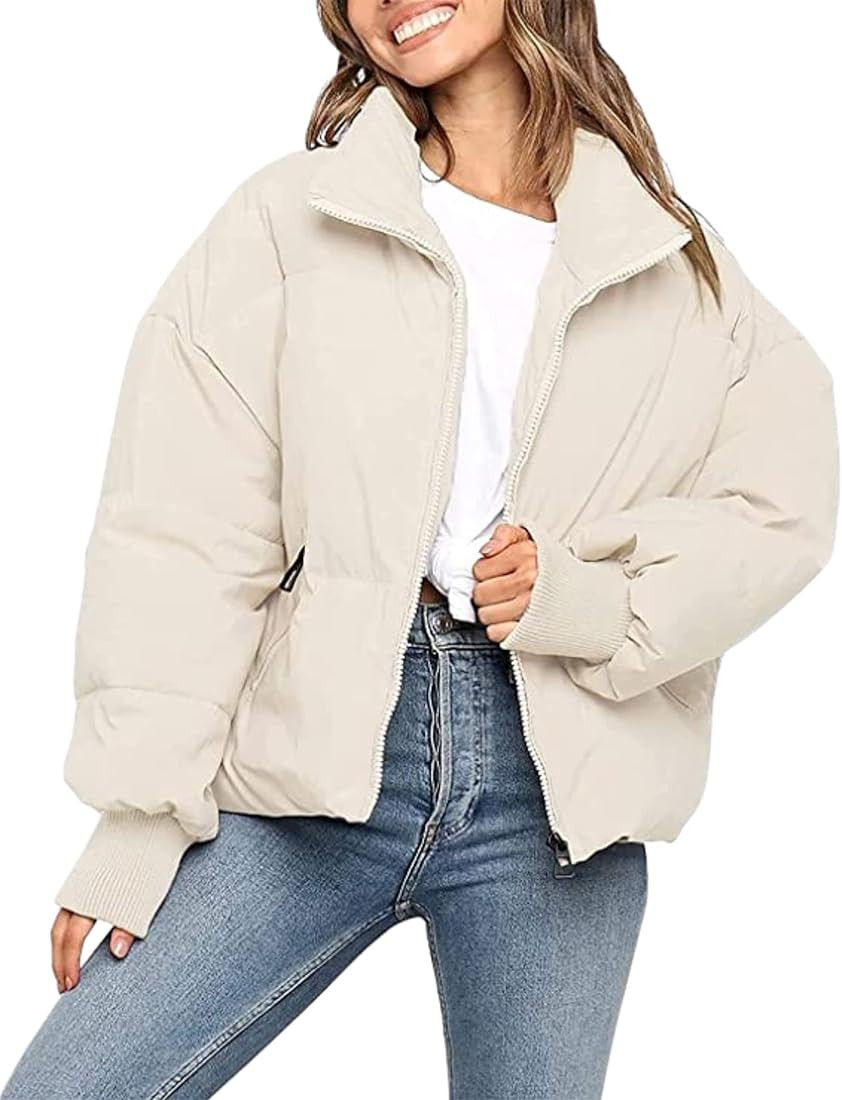 InterNos Women's Winter Stand Collar Zip Puffer Jacket Baggy Short Padded Down Coats | Amazon (US)