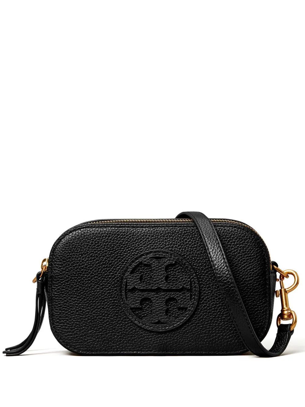 The DetailsNew SeasonTory BurchMiller mini crossbody bag black leather/suede logo patch to the fr... | Farfetch Global