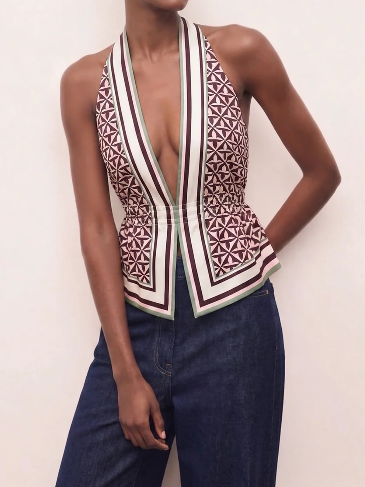 Geometric Print Cinched Waist Satin Top | Commense