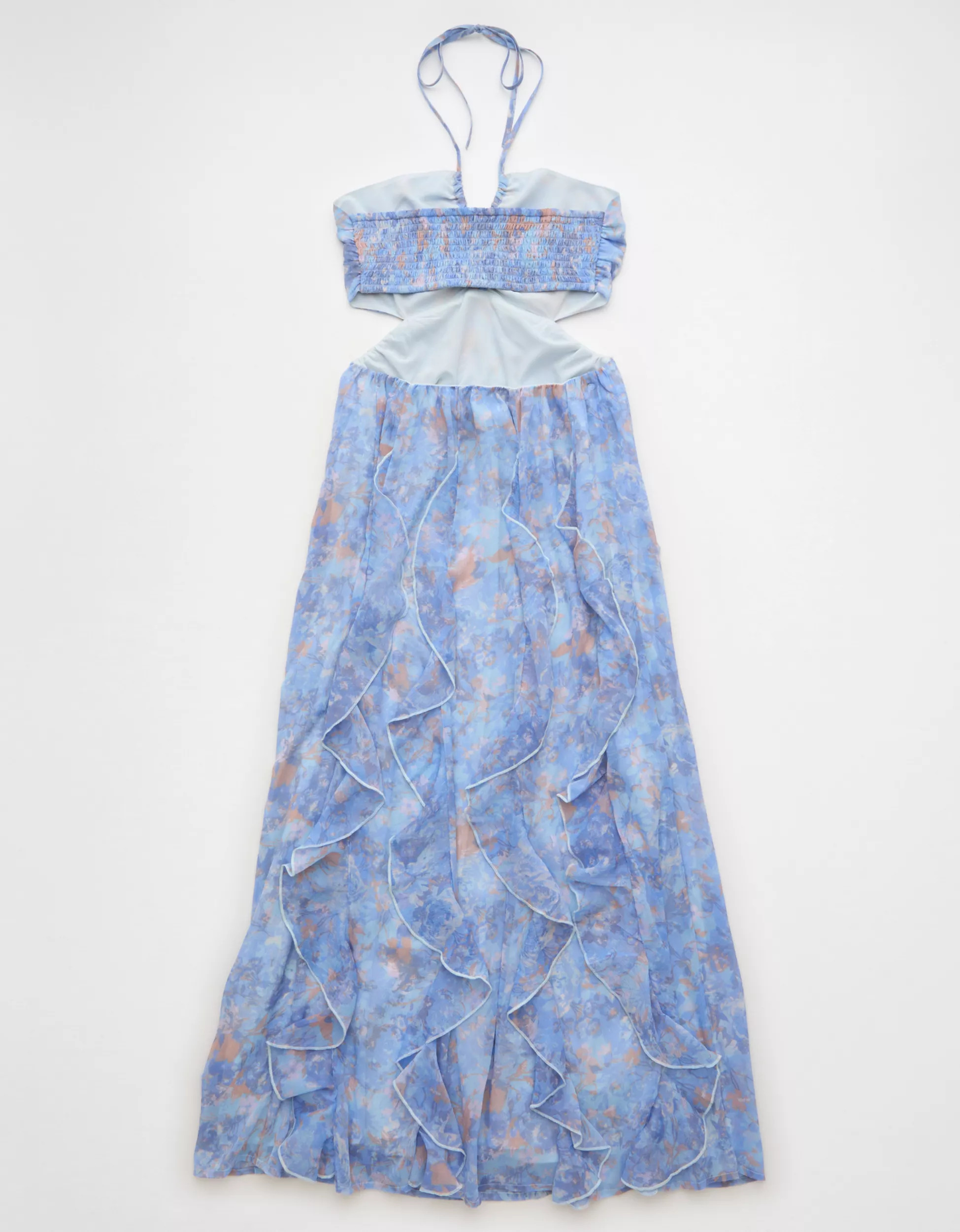 AE Ruched & Ruffled Halter Maxi Dress | American Eagle Outfitters (US & CA)