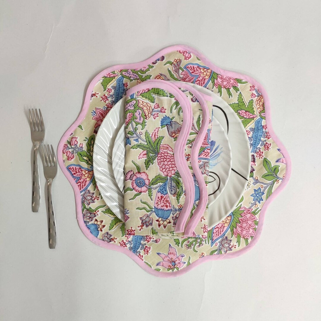 Mat napkins Baby pink Flower Linen Placemats , Block Print fabric table mat easy care, machine wa... | Etsy (US)