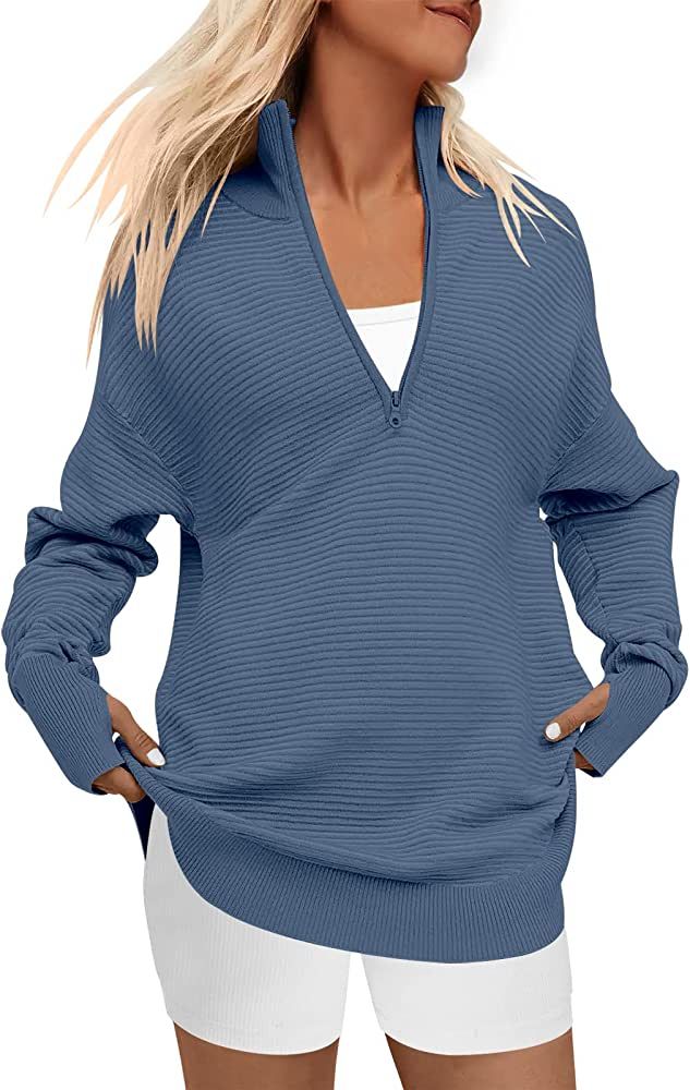 ANRABESS Women’s Long Sleeve Half Zip V Neck Collared Casual Oversized Ribbed Knit Pullover Swe... | Amazon (US)