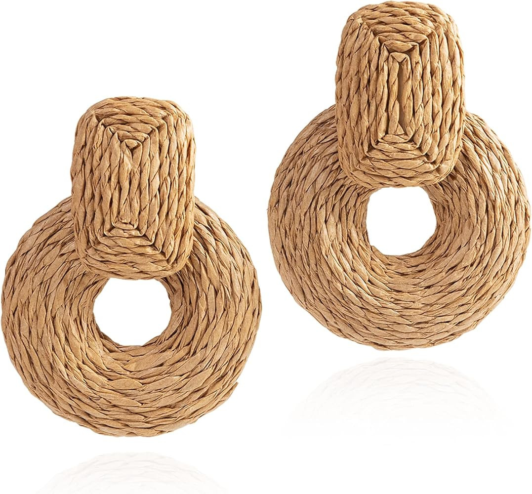 Amazon.com: ATIMIGO Brown Handmade Statement Raffia Earrings Cute Boho Rattan Dangle Earrings Lig... | Amazon (US)