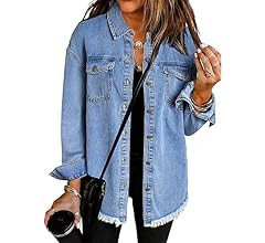 Vetinee Women’s Oversized Button Up Frayed Hem Shacket Long Sleeve Pockets Denim Jean Jacket | Amazon (US)