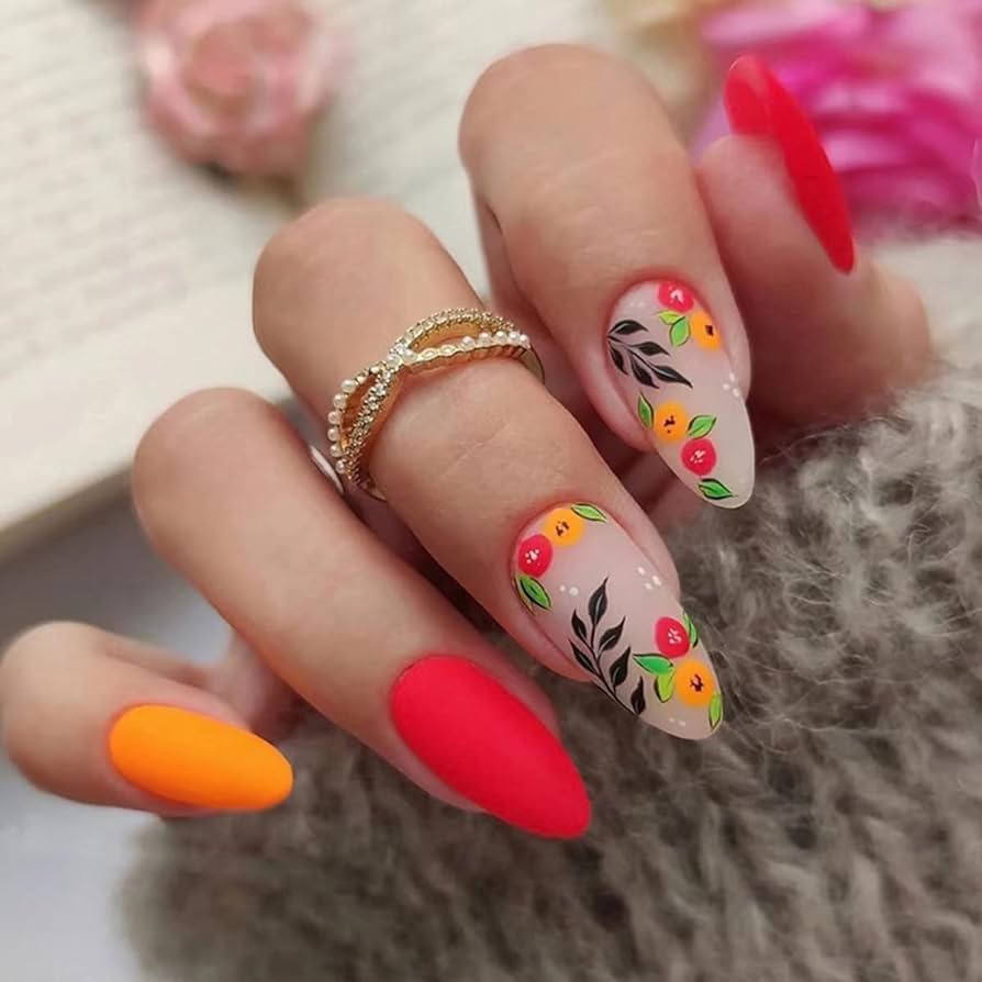 Flower Press on Nails Medium Almond Fake Nails Matte Orange Red Flower Leaf Designs Acrylic Artif... | Amazon (US)