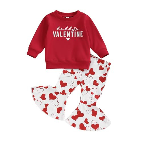 Lesimsam Toddler Baby Girl Valentines Outfits Letter Print Crewneck Sweatshirt Top Heart Print Flare Pants Set (A-Daddy Red, 6-12 Months) | Amazon (US)