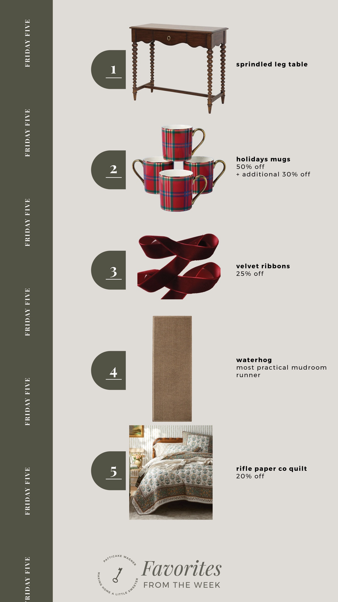 Friday Five: your favorites from the week | spindled leg table, holiday plaid mugs (50% + extra 30% off), velvet ribbons (25% off), waterhog rugs/runners, rifle paper co. x the company store quilt is 20% off - first time to be included in the sale! |