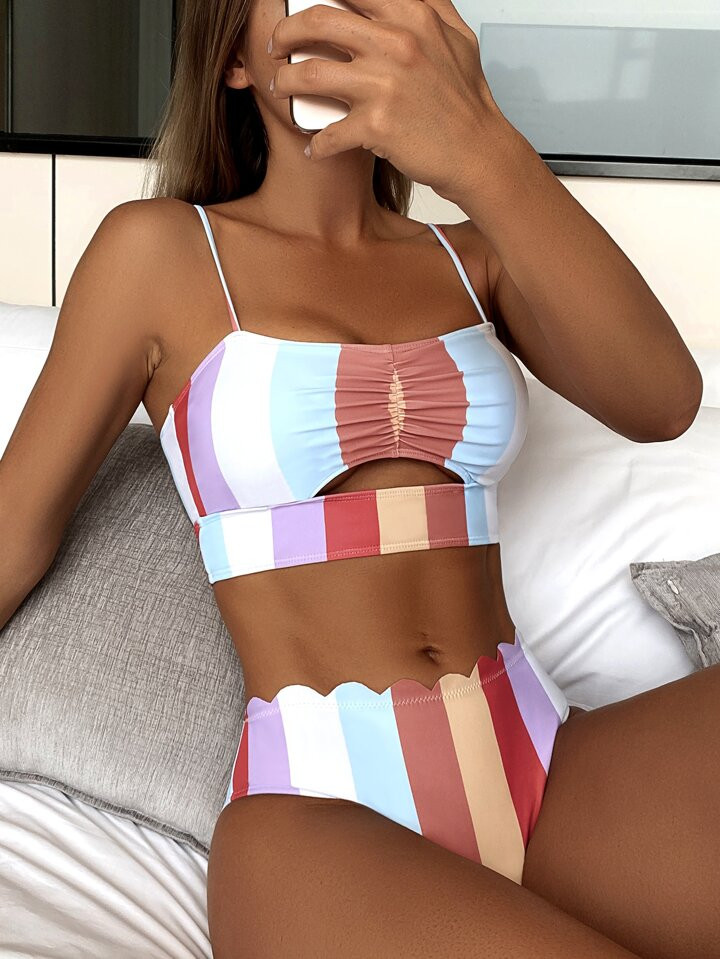 SHEIN Swim Colorblock Bikini Set Ruched Cut Out Bikini Top & Scallop Trim Hipster 2 Piece Bathing... | SHEIN