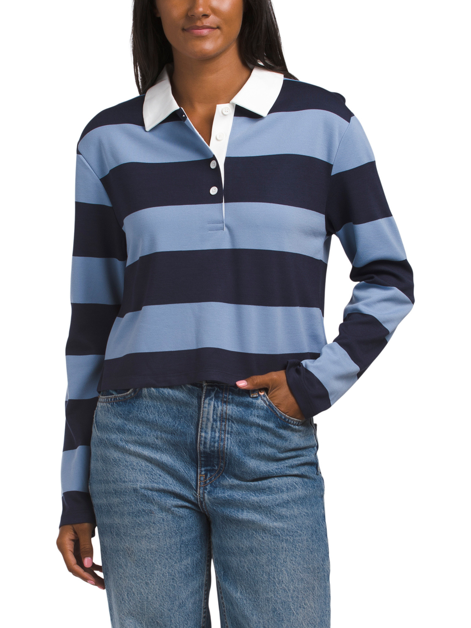 Long Sleeve Cropped Rugby Striped Polo With Contrast Collar | TJ Maxx