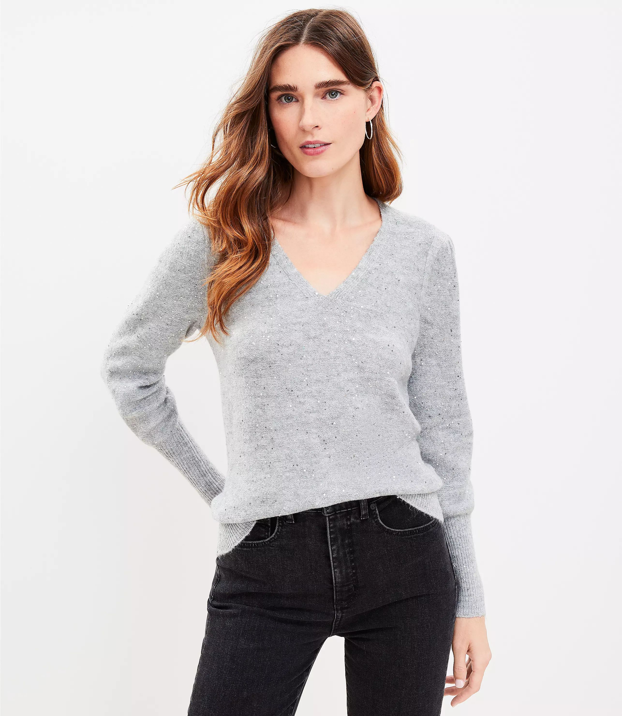 Sparkle Puff Sleeve V-Neck Sweater | LOFT