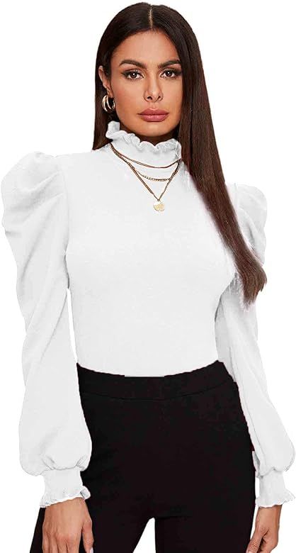 Romwe Women's Puff Long Sleeve Stand Collar Keyhole Back Slim Fitted Elegant Blouse | Amazon (US)