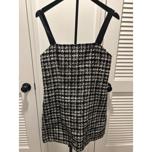 NWT Alice & Olivia Black White Tweed Mini Dress Faux Leather Straps Zipper Back | Poshmark