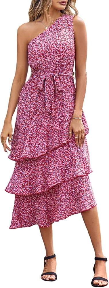 NALANISA 2023 One Shoulder Sun Dresses Women Summer Casual Midi Floral Boho Flowy Long Ruffle Tie... | Amazon (US)
