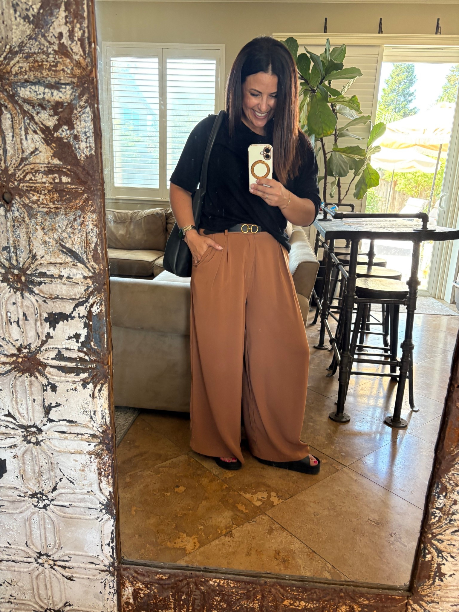 Black and tan for the second to last day of school! Wearing a small short in my wide leg palazzo trousers. My sandals are a great dupe for Birkenstocks and super comfy. 
Teacher outfit
Summer workwear
Office outfit 

#LTKWorkwear #LTKOver40 #LTKPetite