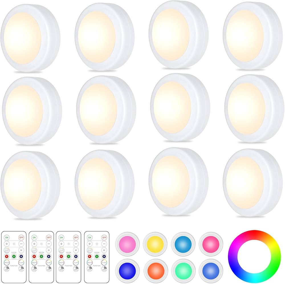 Yiliaw 12 Pack LED Puck Lights Remote Control 16 Color Changeable Under Cabinet Lights, Battery O... | Amazon (US)