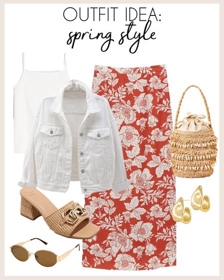 Chic spring to summer outfit idea! 

#springstyle

Floral midi skirt. White denim jacket. Target neutral sandals. Straw bucket bag. Spring to summer transitional outfit  

#LTKstyletip #LTKSeasonal #LTKfindsunder100