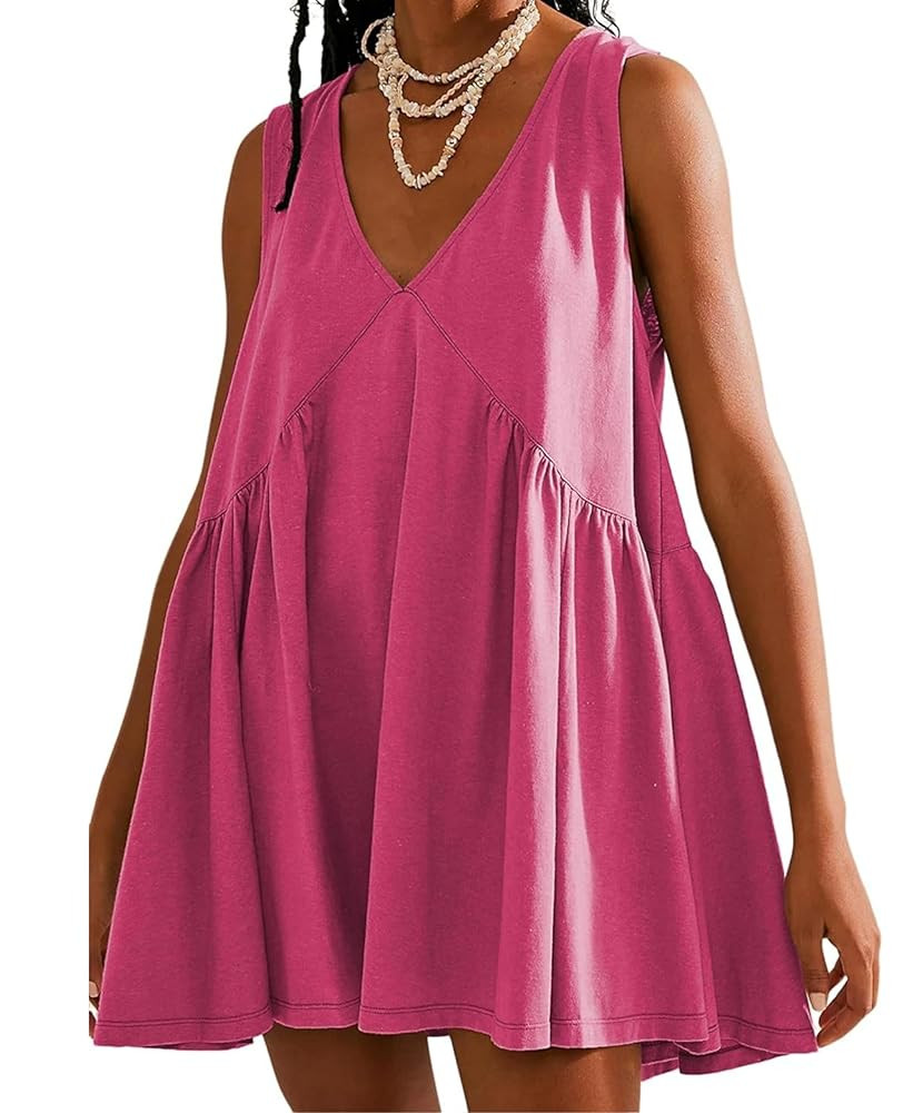 OPCAKM Women's V Neck Sleeveless Mini Dress Loose Summer Pleated Swing Flowy Sundress | Amazon (US)