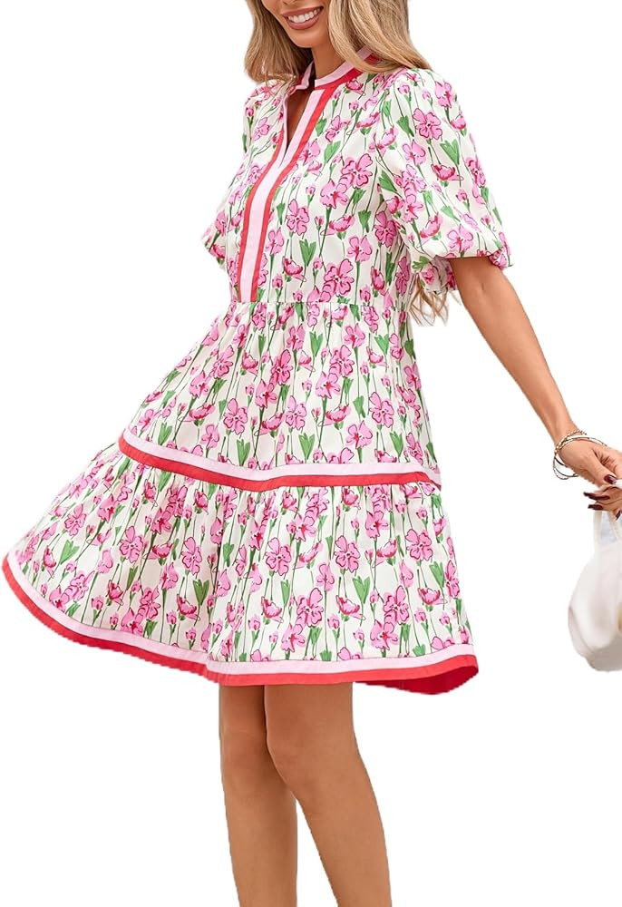 Women Floral Babydoll Mini Dress V Neck Puff Sleeve Striped Color Block Sundress | Amazon (US)