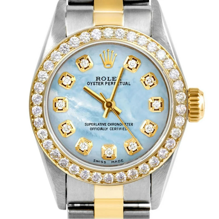 Pre-Owned Pre Owned Rolex Ladies Oyster Perpetual 24mm Wristwatch Light Blue Mother of Pearl Diam... | Walmart (US)