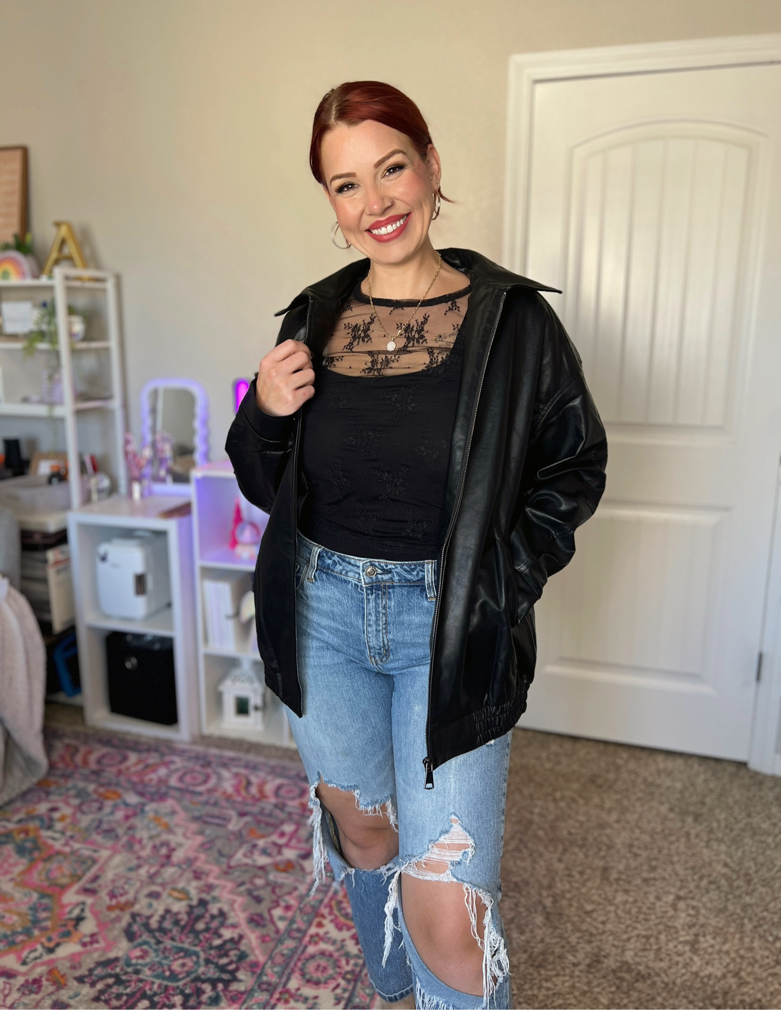 Leather jacket 🖤
I got a large, but honestly I think a medium would have been more fitted. If you want a more oversized look, order true to size ✨

#LTKSeasonal #LTKMidsize #LTKSaleAlert