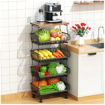Five-Tier Stackable Fruit And Vegetable Storage Basket, With Wheels, Wire Storage Basket, Black | Wayfair North America