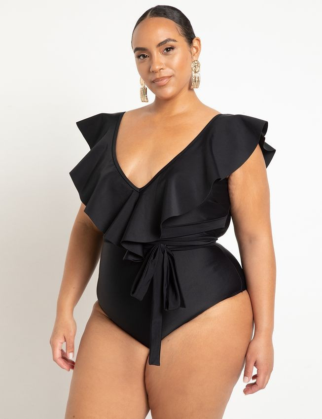 Ruffle Shoulder One Piece W Belt | Women's Plus Size Swimwear | ELOQUII | Eloquii
