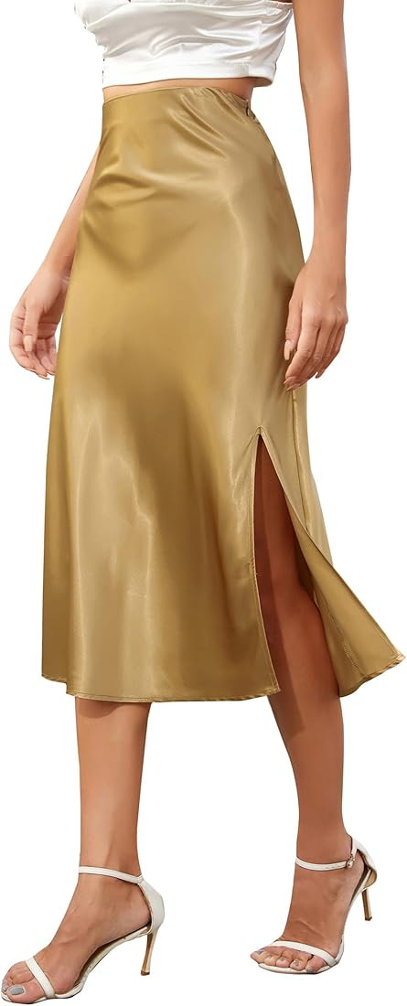 ALCEA ROSEA Womens Silky Satin Midi Skirt High Waist Elastic Waist A Line Skirt with Slit | Amazon (US)