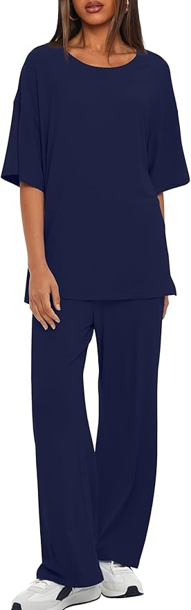 Darong Women's Two Piece Outfits Sets Loose Short Sleeve Side Slit Top Wide Leg Pants Lounge Sets... | Amazon (US)