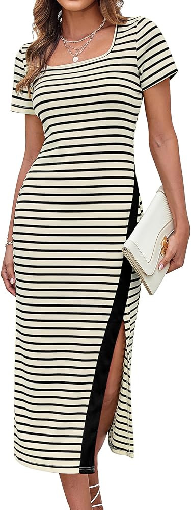 GRACE KARIN Women's 2025 Summer Striped Bodycon Dresses Casual Short Sleeve Square Neck Beach Vac... | Amazon (US)