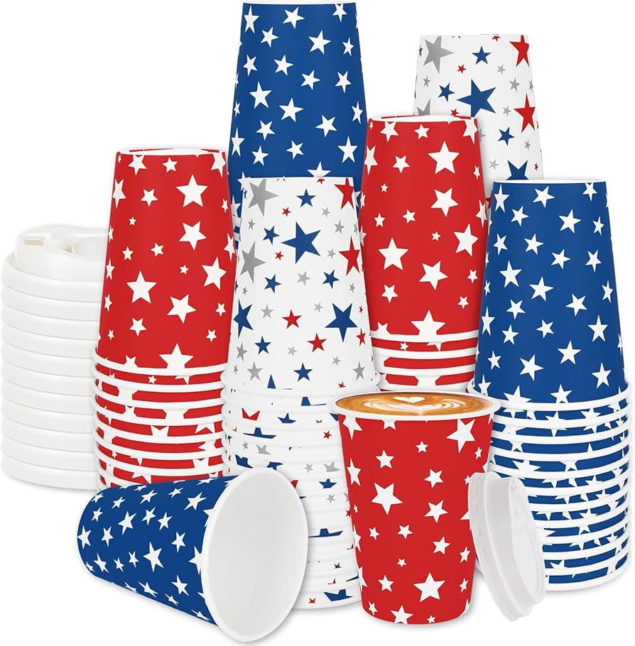 FYSUIMU 72 Set Patriotic Star Disposable Coffee Cups with Lids 12Oz 4th of July USA Star Insulate... | Amazon (US)