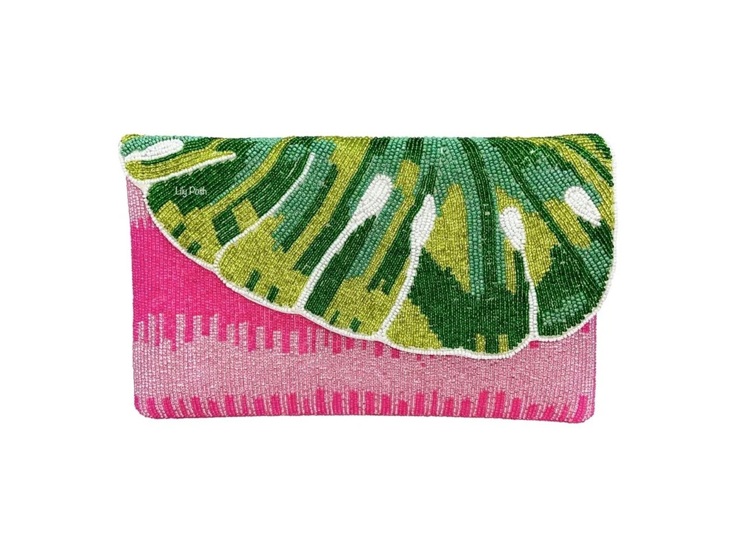 NEW Beaded Leaf Clutch, Seed Bead Clutch Bag, Boho Handbag, Crossbody Bag, Fuchsia Clutch, Tropic... | Etsy (US)