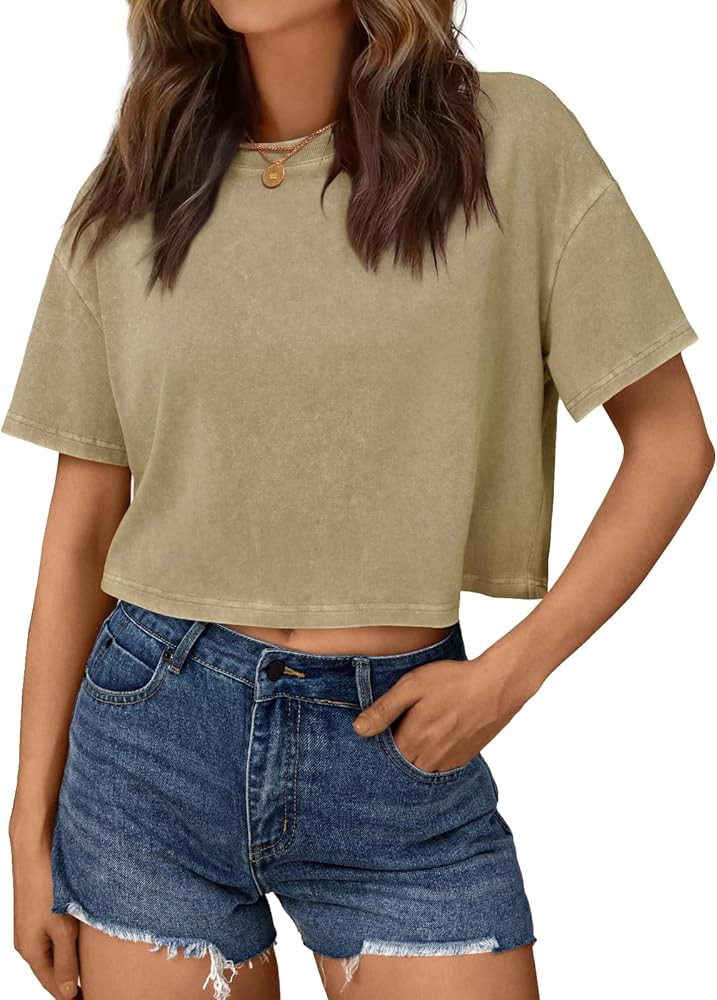 Trendy Queen Womens Crop Tops Short Sleeve T-Shirts Acid Wash Casual Summer Clothes Trendy Comfy ... | Amazon (US)