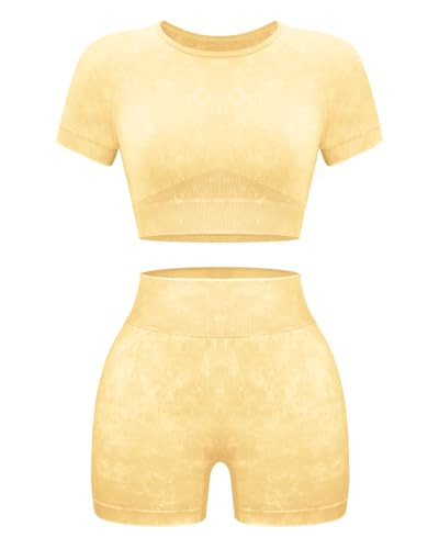 OLCHEE Womens Workout Sets 2 Piece - Seamless Acid Wash Yoga Outfits Leggings Shorts and Crop Top Matching Gym Activewear Athletic Clothing Set - Yellow Large | Amazon (US)