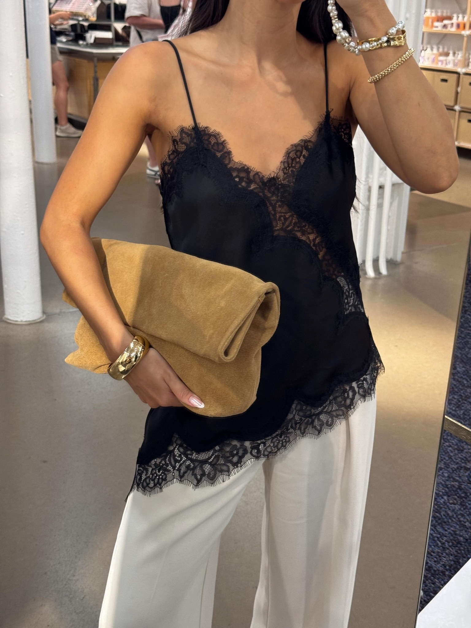 Thing's I'm loving for Spring... satin lace cami top with white trousers and a suede clutch bag 

 #LTKspring #LTKdatenight #LTKstyletip