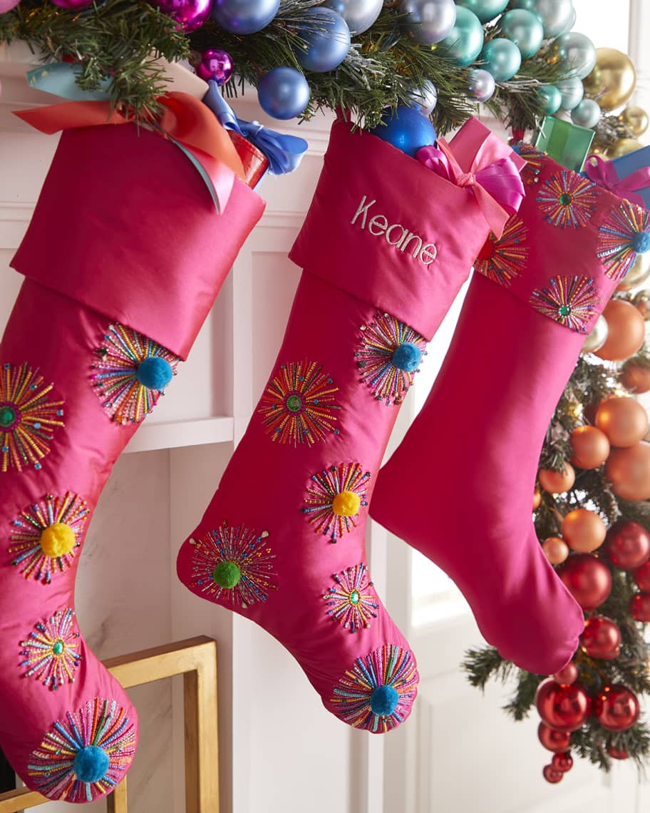 Neiman Marcus 19" Bright Holiday Pom Pom Stocking Plain Cuff | Horchow