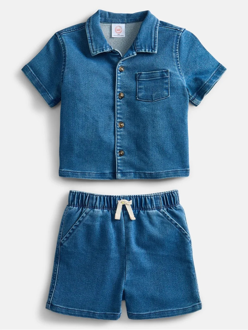 Wonder Nation Baby Boys Short Sleeve Collared Button Top and Matching Shorts Set, Sizes 0/2M-24M | Walmart (US)